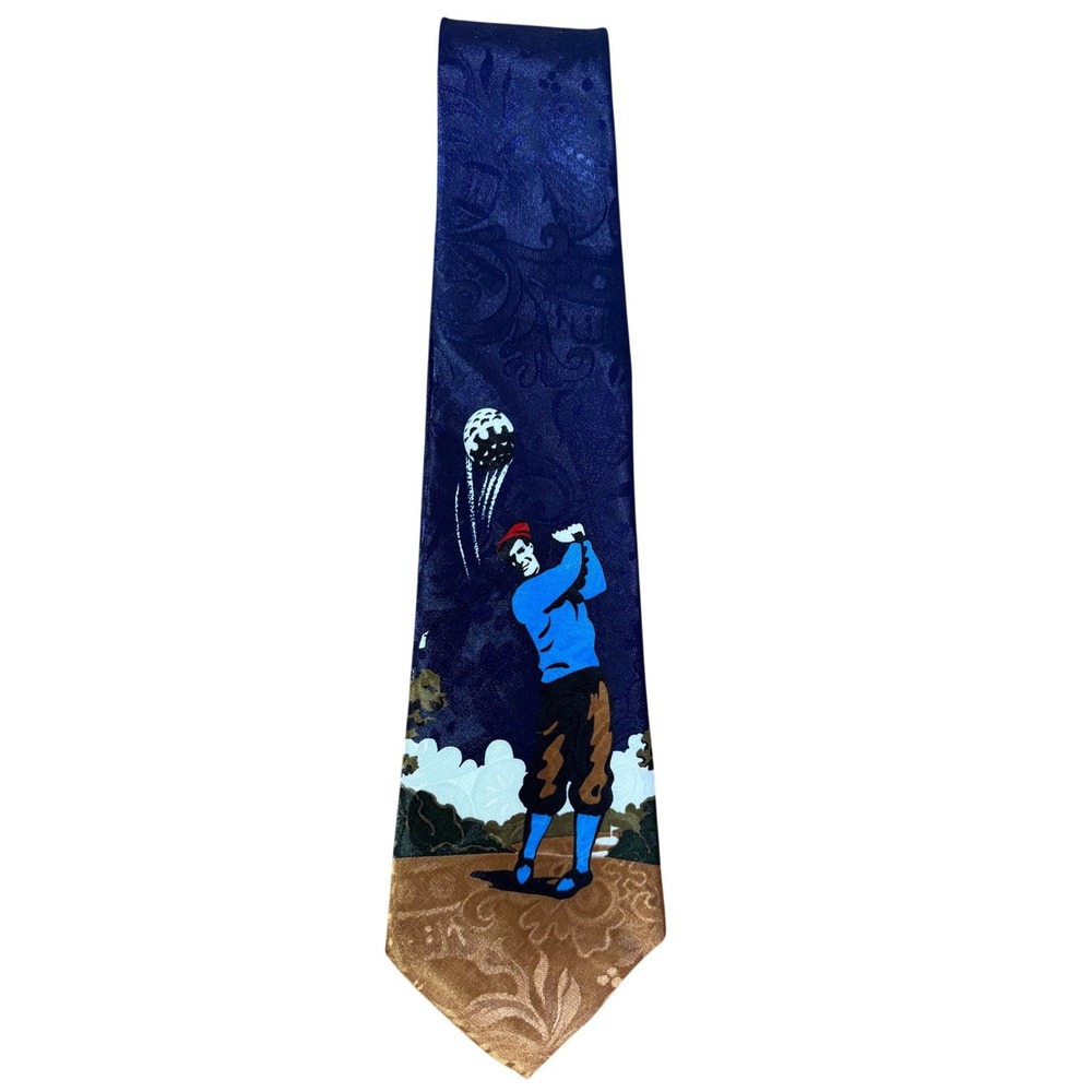 Carlo Chegal‎ Vintage Handmade Silk Golf Novelty Necktie Golfer Blue Made in USA